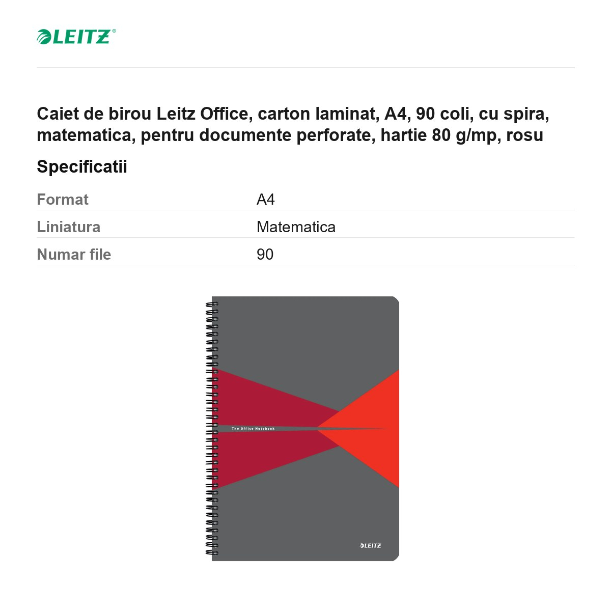 Caiet de birou Leitz Office, carton laminat, A4, 90 coli, cu spira, matematica, pentru documente perforate, hartie 80 g/mp, rosu [3]