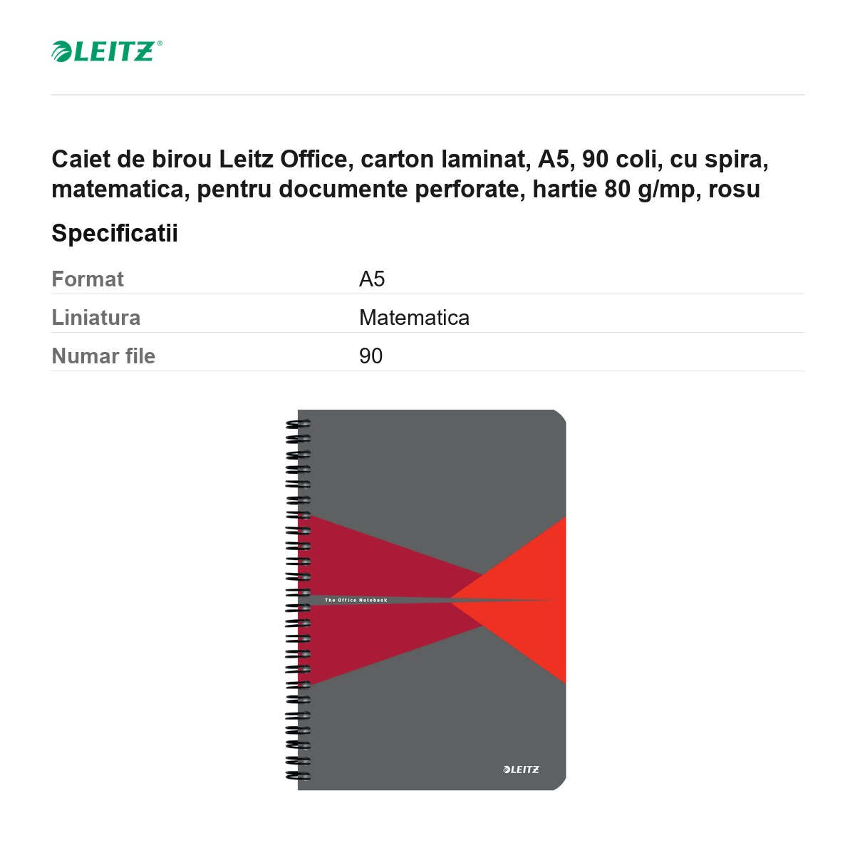 Caiet de birou Leitz Office, carton laminat, A5, 90 coli, cu spira, matematica, pentru documente perforate, hartie 80 g/mp, rosu [3]