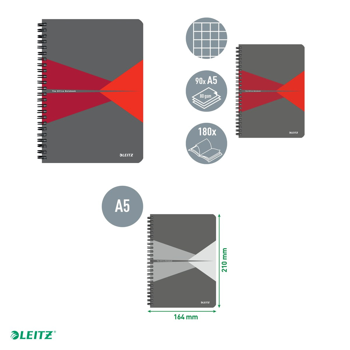 Caiet de birou Leitz Office, carton laminat, A5, 90 coli, cu spira, matematica, pentru documente perforate, hartie 80 g/mp, rosu [4]