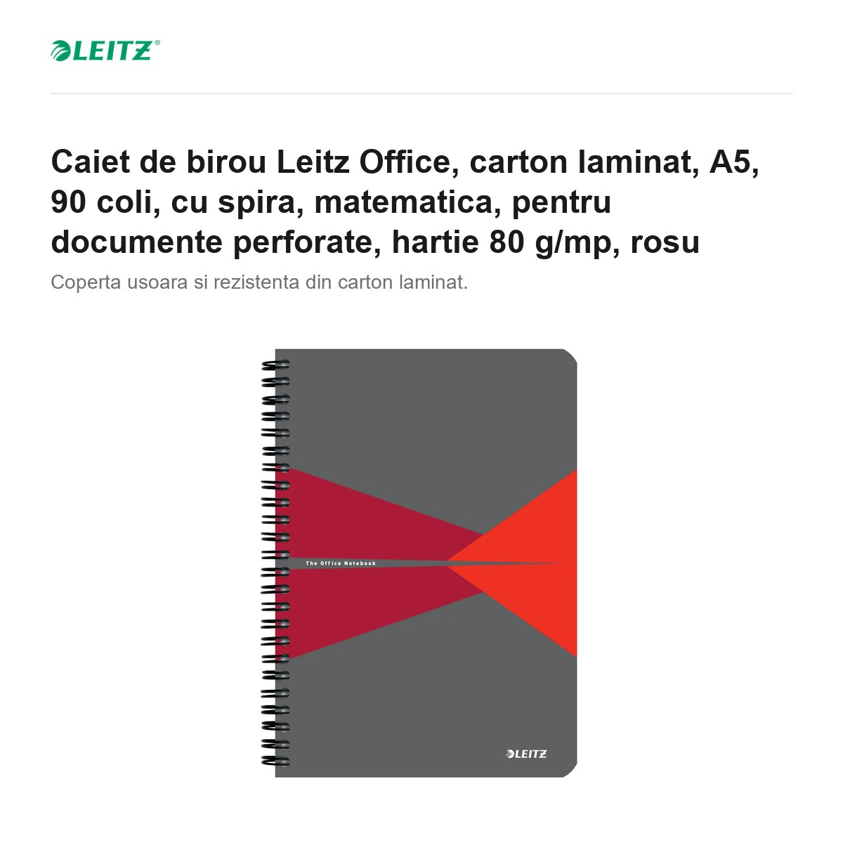 Caiet de birou Leitz Office, carton laminat, A5, 90 coli, cu spira, matematica, pentru documente perforate, hartie 80 g/mp, rosu [2]