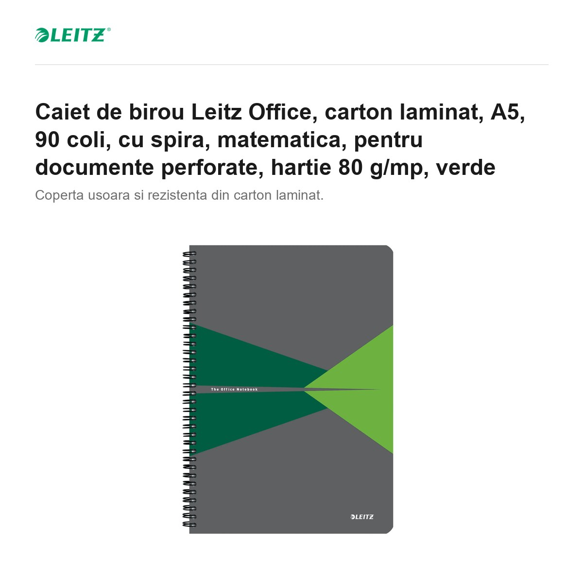 Caiet de birou Leitz Office, carton laminat, A5, 90 coli, cu spira, matematica, pentru documente perforate, hartie 80 g/mp, verde [2]