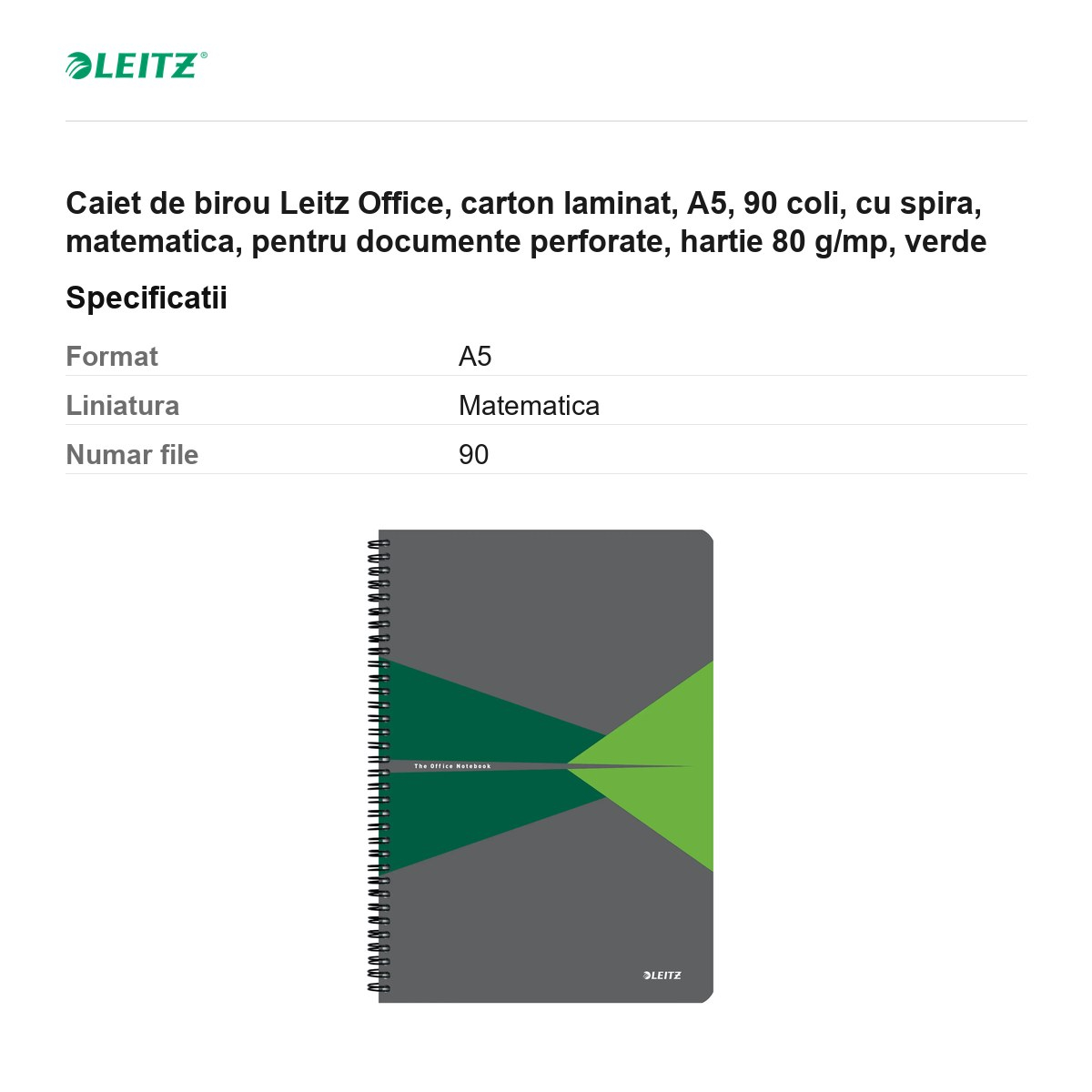 Caiet de birou Leitz Office, carton laminat, A5, 90 coli, cu spira, matematica, pentru documente perforate, hartie 80 g/mp, verde [3]