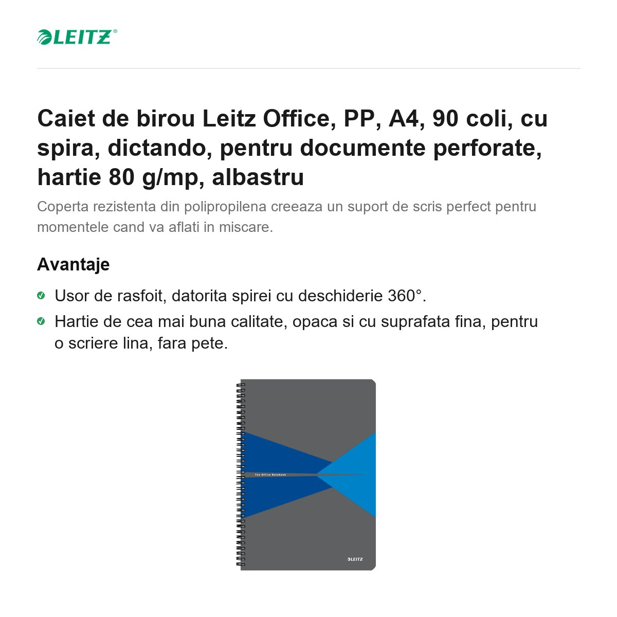 Caiet de birou Leitz Office, PP, A4, 90 coli, cu spira, dictando, pentru documente perforate, hartie 80 g/mp, albastru [2]