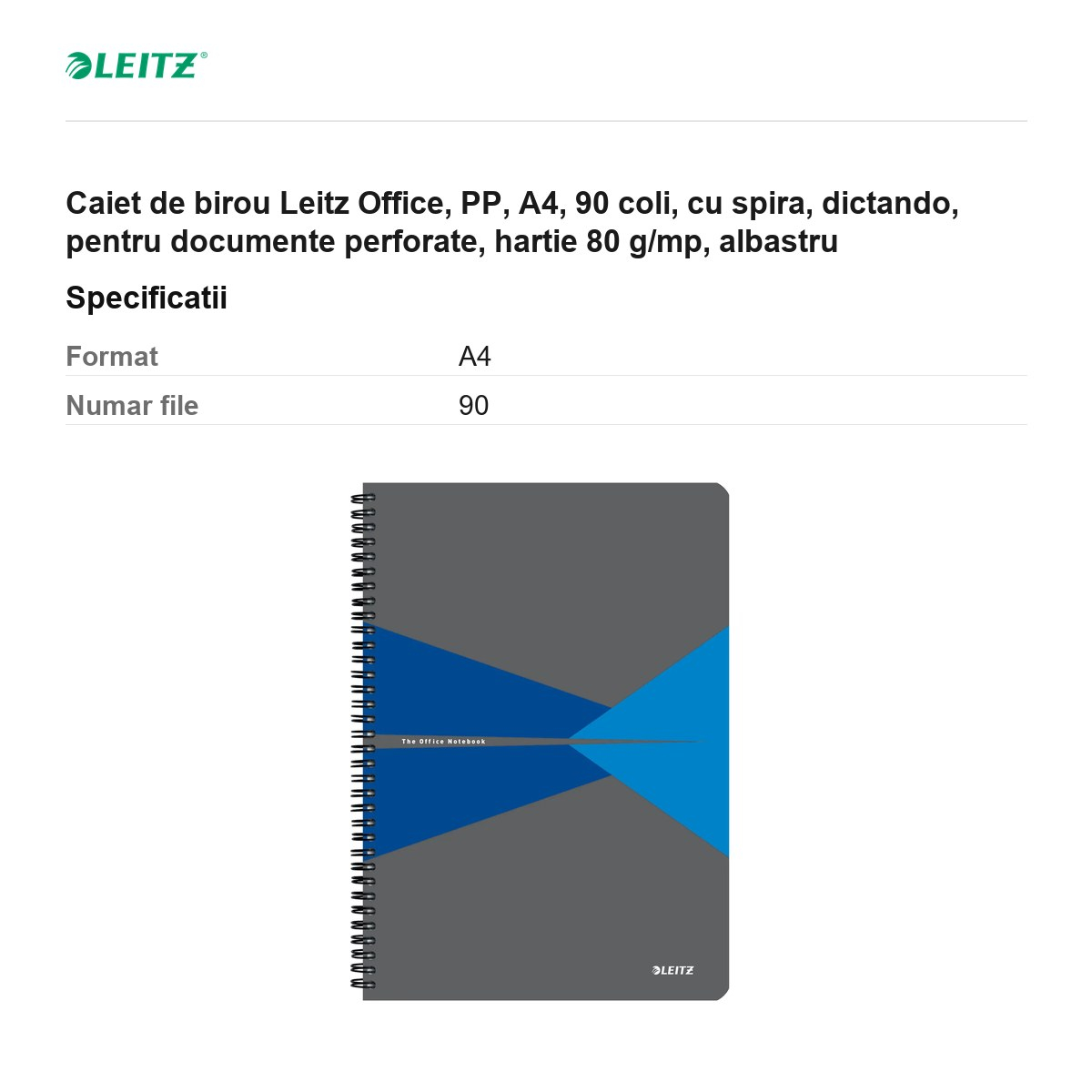 Caiet de birou Leitz Office, PP, A4, 90 coli, cu spira, dictando, pentru documente perforate, hartie 80 g/mp, albastru [3]