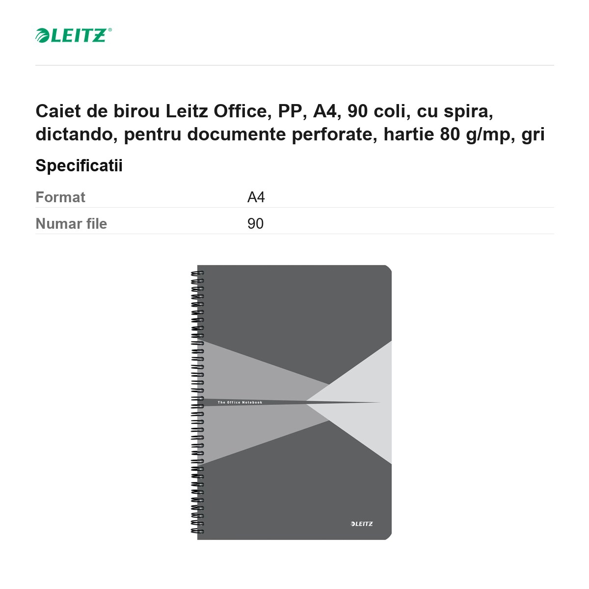 Caiet de birou Leitz Office, PP, A4, 90 coli, cu spira, dictando, pentru documente perforate, hartie 80 g/mp, gri [3]