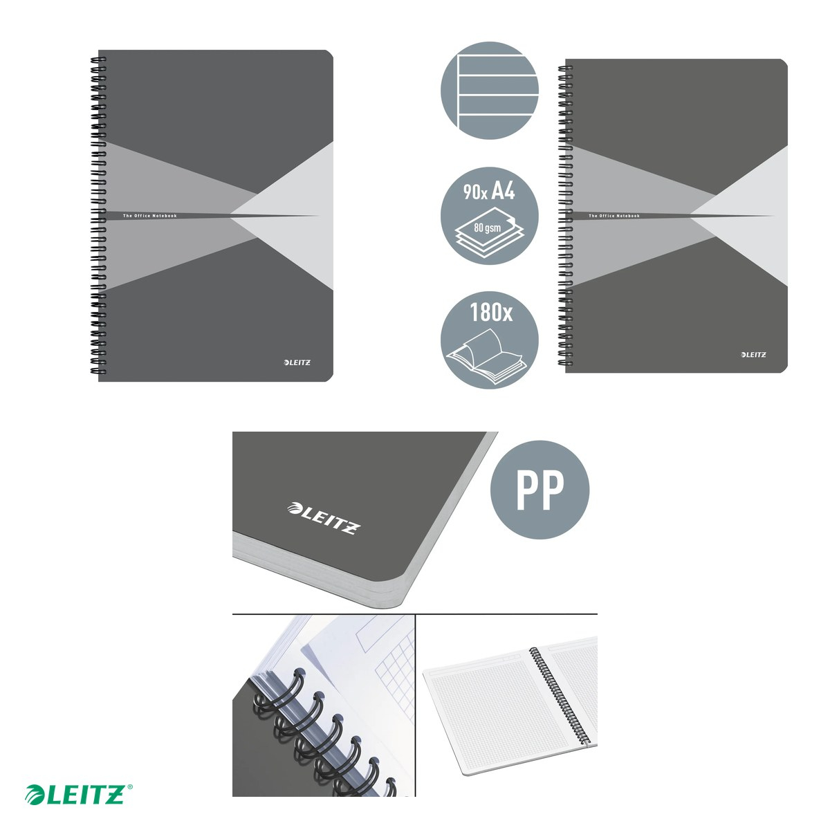 Caiet de birou Leitz Office, PP, A4, 90 coli, cu spira, dictando, pentru documente perforate, hartie 80 g/mp, gri [4]