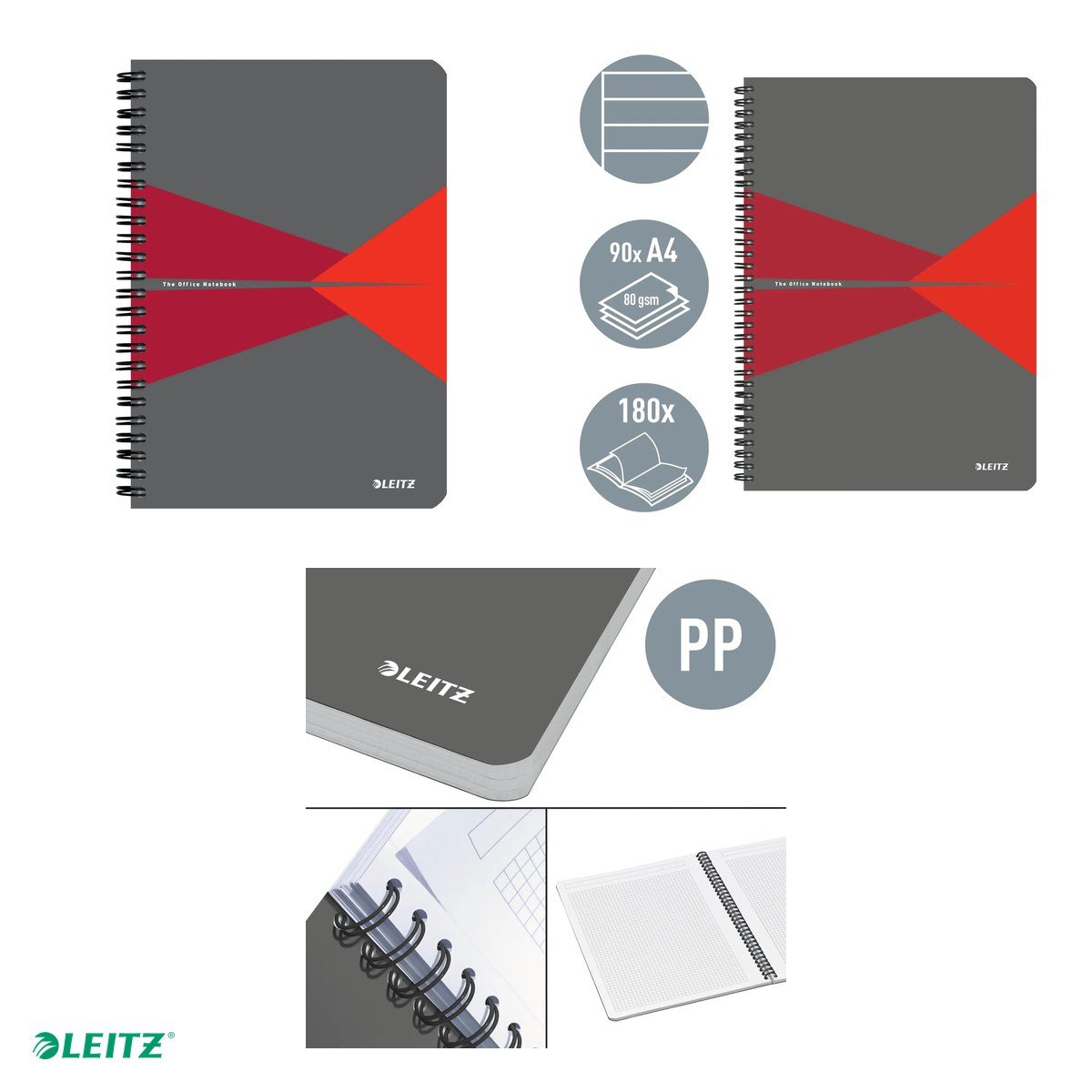 Caiet de birou Leitz Office, PP, A4, 90 coli, cu spira, dictando, pentru documente perforate, hartie 80 g/mp, rosu [4]