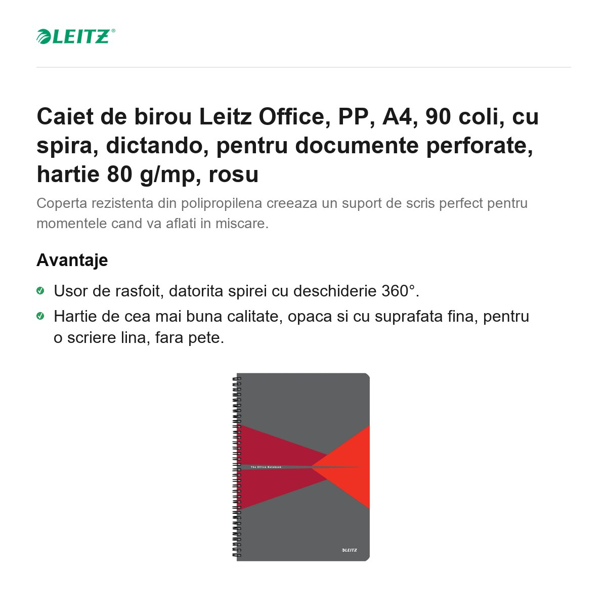 Caiet de birou Leitz Office, PP, A4, 90 coli, cu spira, dictando, pentru documente perforate, hartie 80 g/mp, rosu [2]