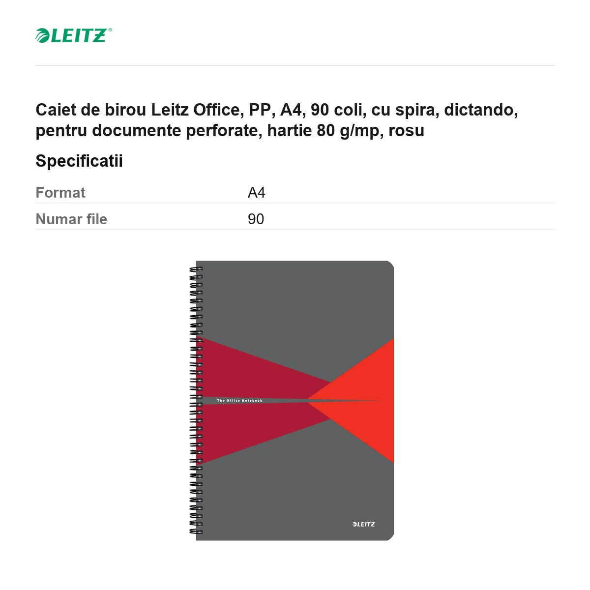 Caiet de birou Leitz Office, PP, A4, 90 coli, cu spira, dictando, pentru documente perforate, hartie 80 g/mp, rosu [3]