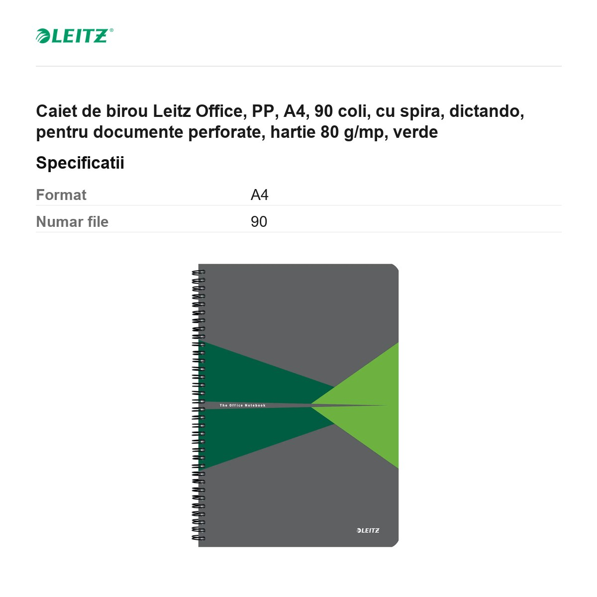 Caiet de birou Leitz Office, PP, A4, 90 coli, cu spira, dictando, pentru documente perforate, hartie 80 g/mp, verde [3]