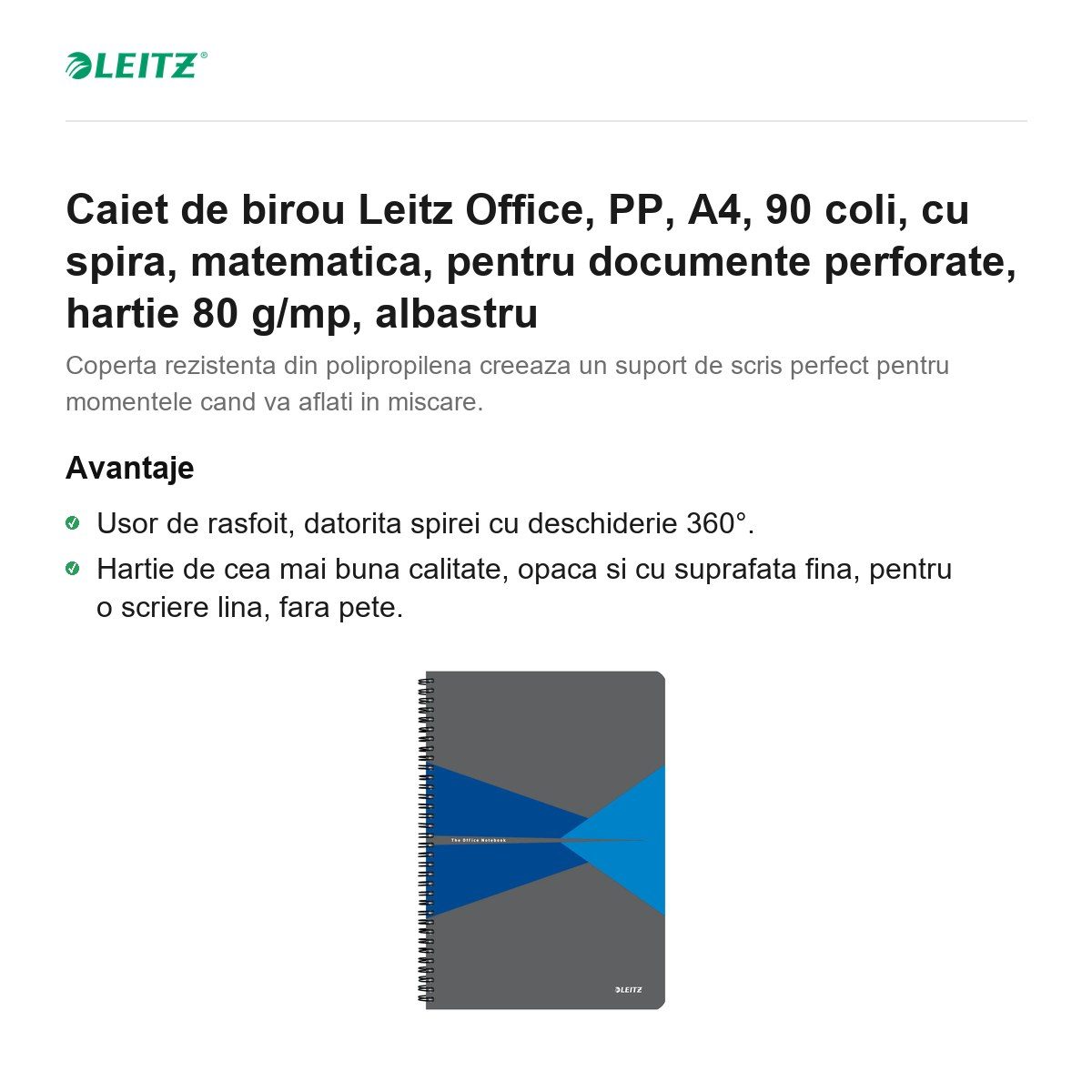 Caiet de birou Leitz Office, PP, A4, 90 coli, cu spira, matematica, pentru documente perforate, hartie 80 g/mp, albastru [2]
