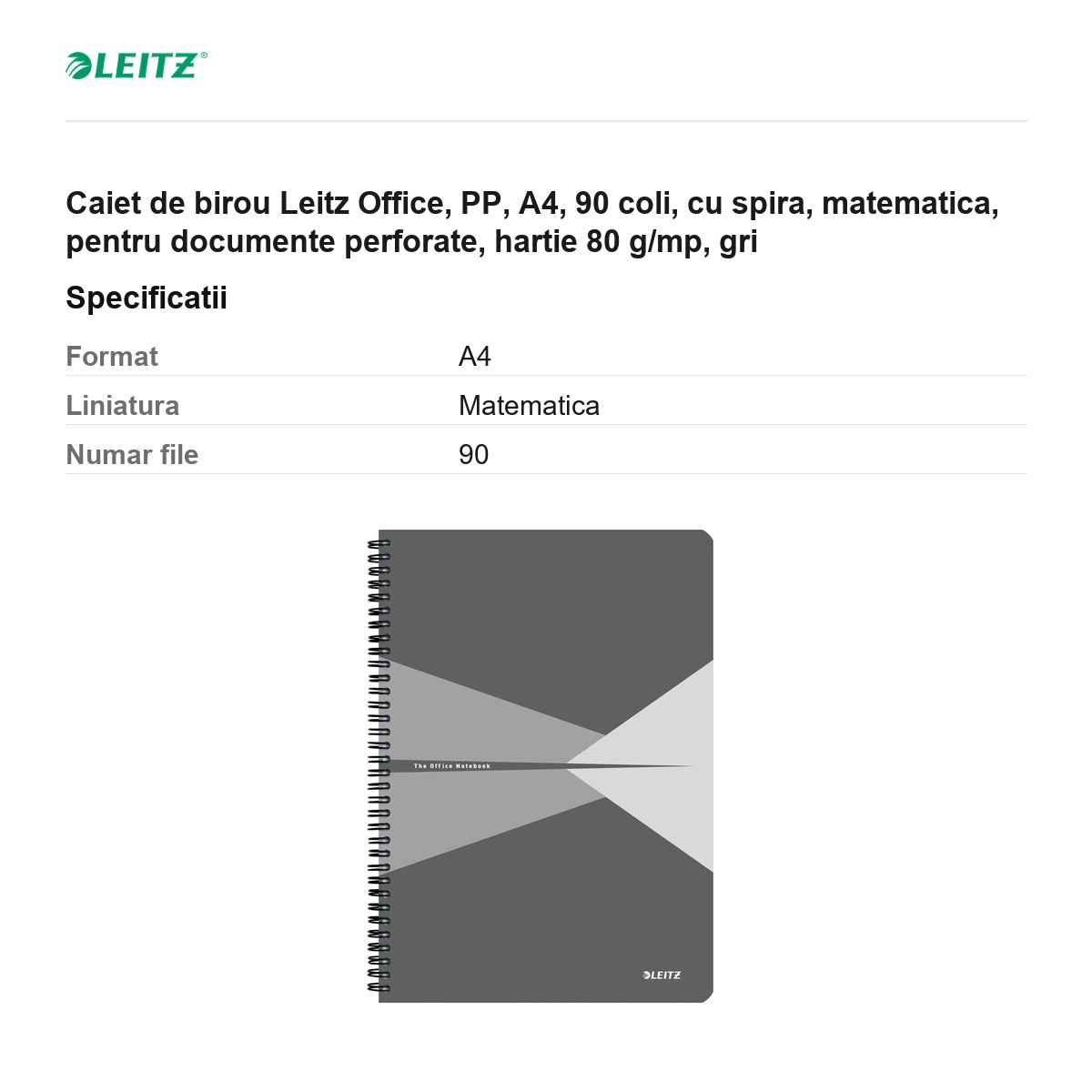 Caiet de birou Leitz Office, PP, A4, 90 coli, cu spira, matematica, pentru documente perforate, hartie 80 g/mp, gri [3]