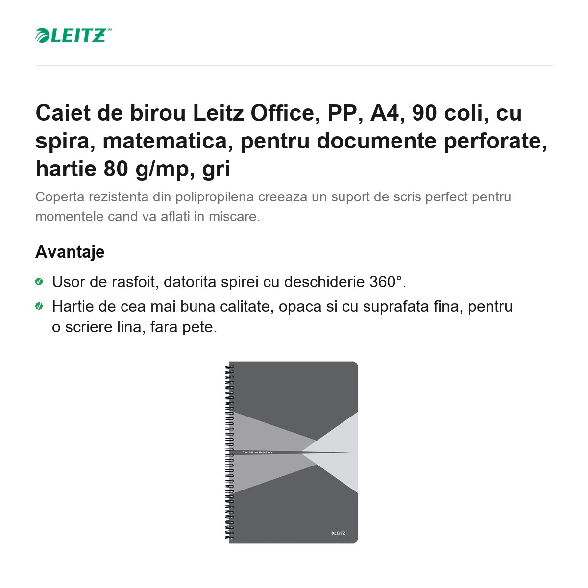 Caiet de birou Leitz Office, PP, A4, 90 coli, cu spira, matematica, pentru documente perforate, hartie 80 g/mp, gri [2]