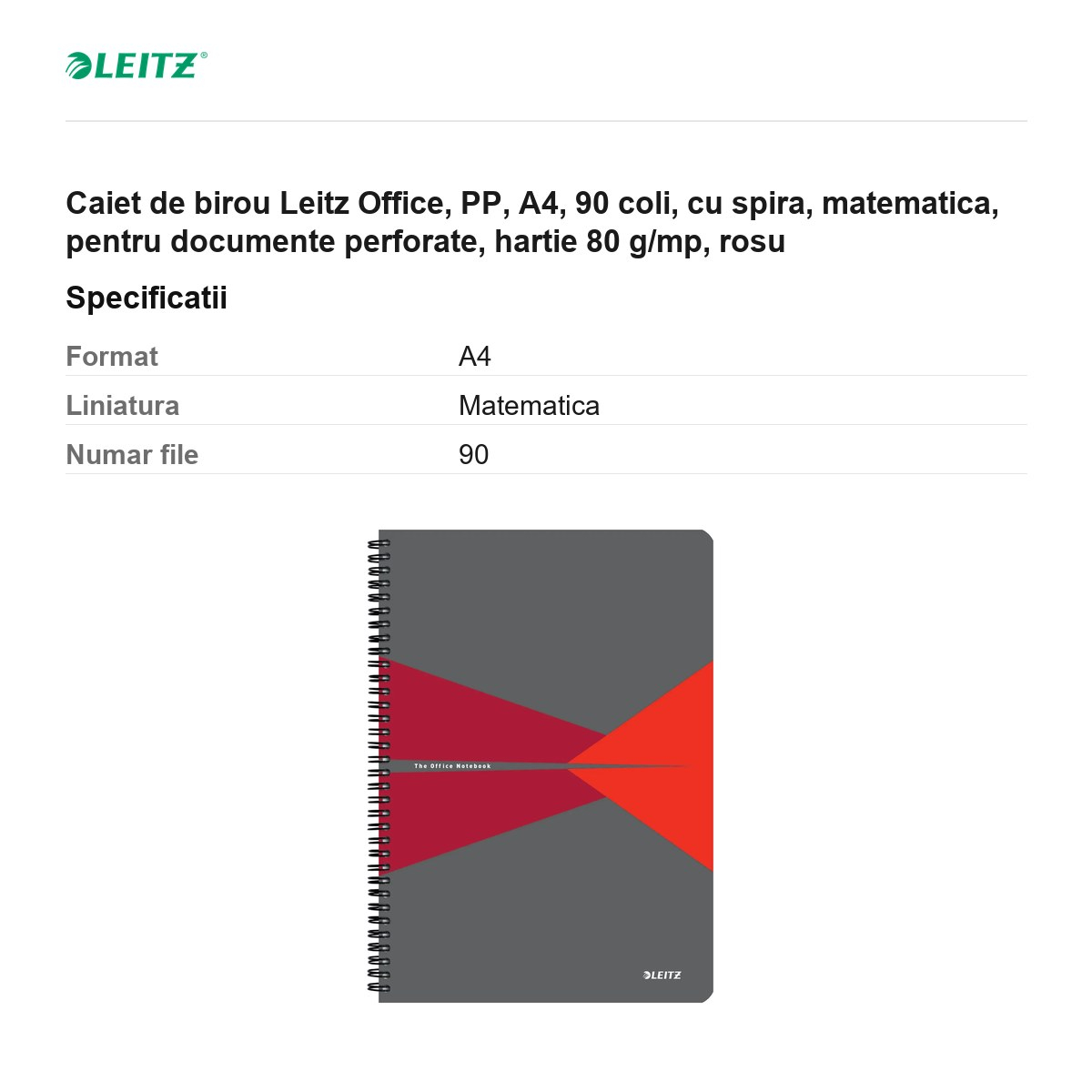 Caiet de birou Leitz Office, PP, A4, 90 coli, cu spira, matematica, pentru documente perforate, hartie 80 g/mp, rosu [3]