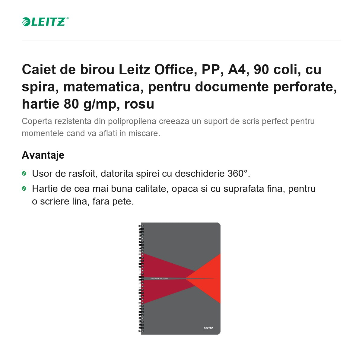 Caiet de birou Leitz Office, PP, A4, 90 coli, cu spira, matematica, pentru documente perforate, hartie 80 g/mp, rosu [2]