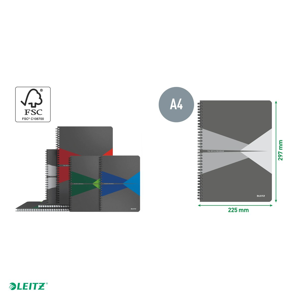 Caiet de birou Leitz Office, PP, A4, 90 coli, cu spira, matematica, pentru documente perforate, hartie 80 g/mp, verde [5]