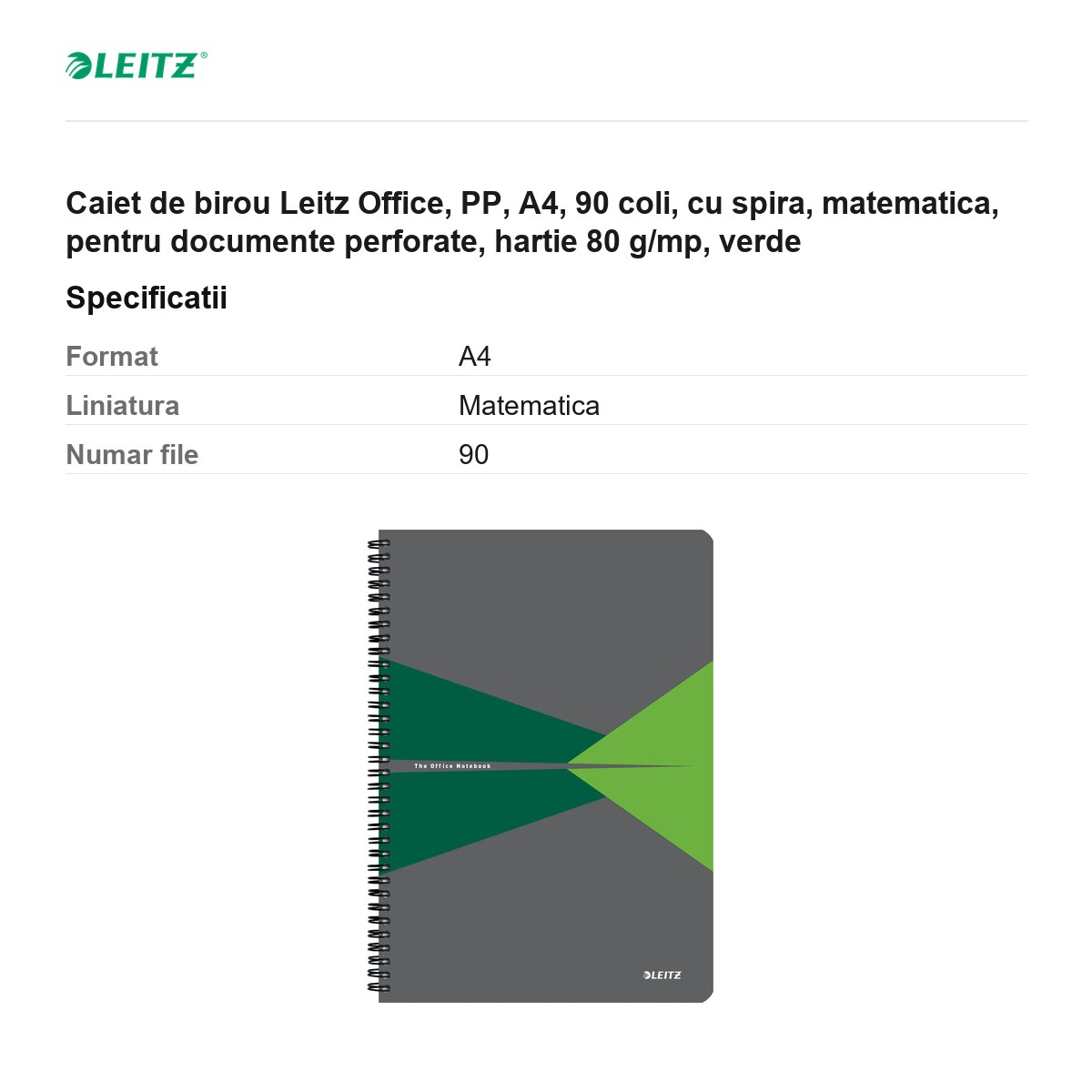 Caiet de birou Leitz Office, PP, A4, 90 coli, cu spira, matematica, pentru documente perforate, hartie 80 g/mp, verde [3]