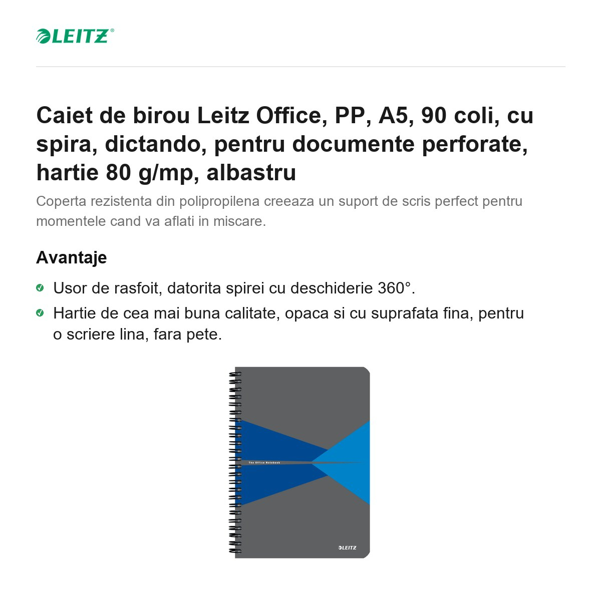 Caiet de birou Leitz Office, PP, A5, 90 coli, cu spira, dictando, pentru documente perforate, hartie 80 g/mp, albastru [2]
