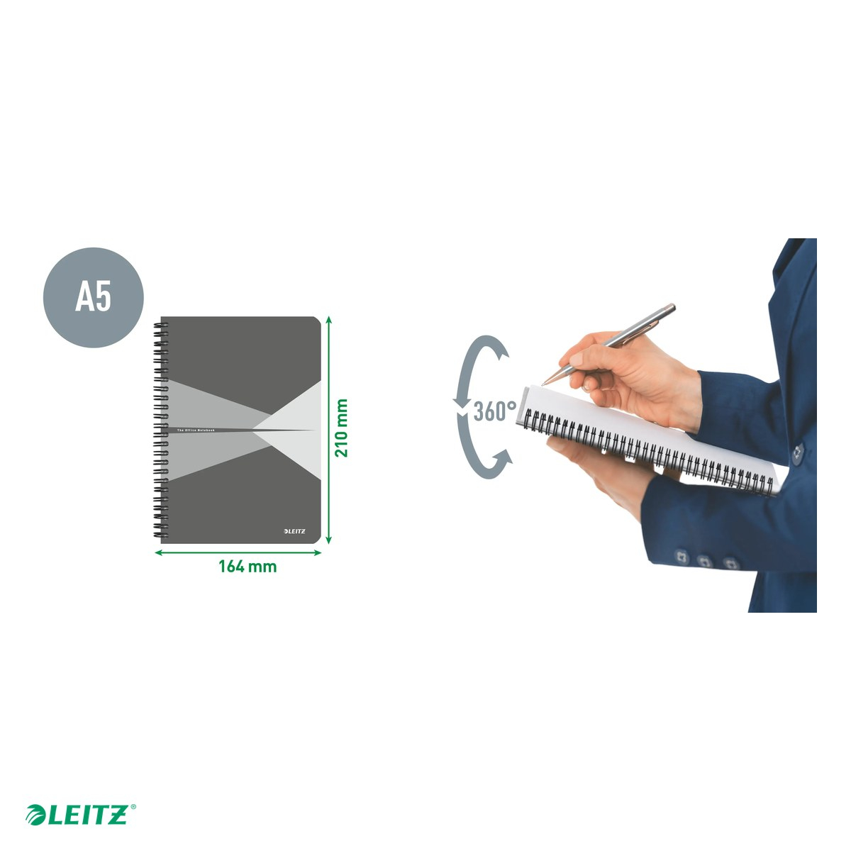 Caiet de birou Leitz Office, PP, A5, 90 coli, cu spira, dictando, pentru documente perforate, hartie 80 g/mp, albastru [5]