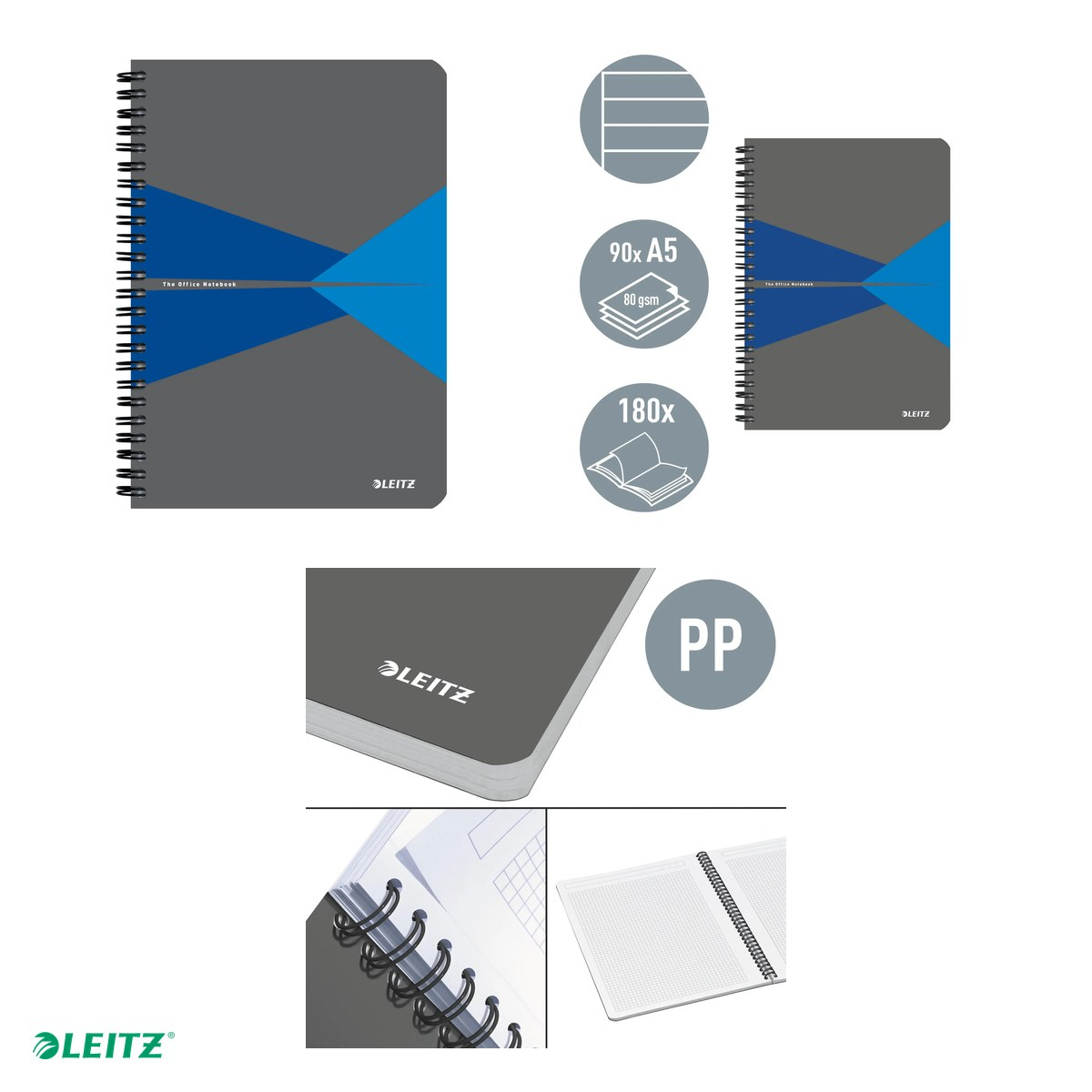Caiet de birou Leitz Office, PP, A5, 90 coli, cu spira, dictando, pentru documente perforate, hartie 80 g/mp, albastru [4]