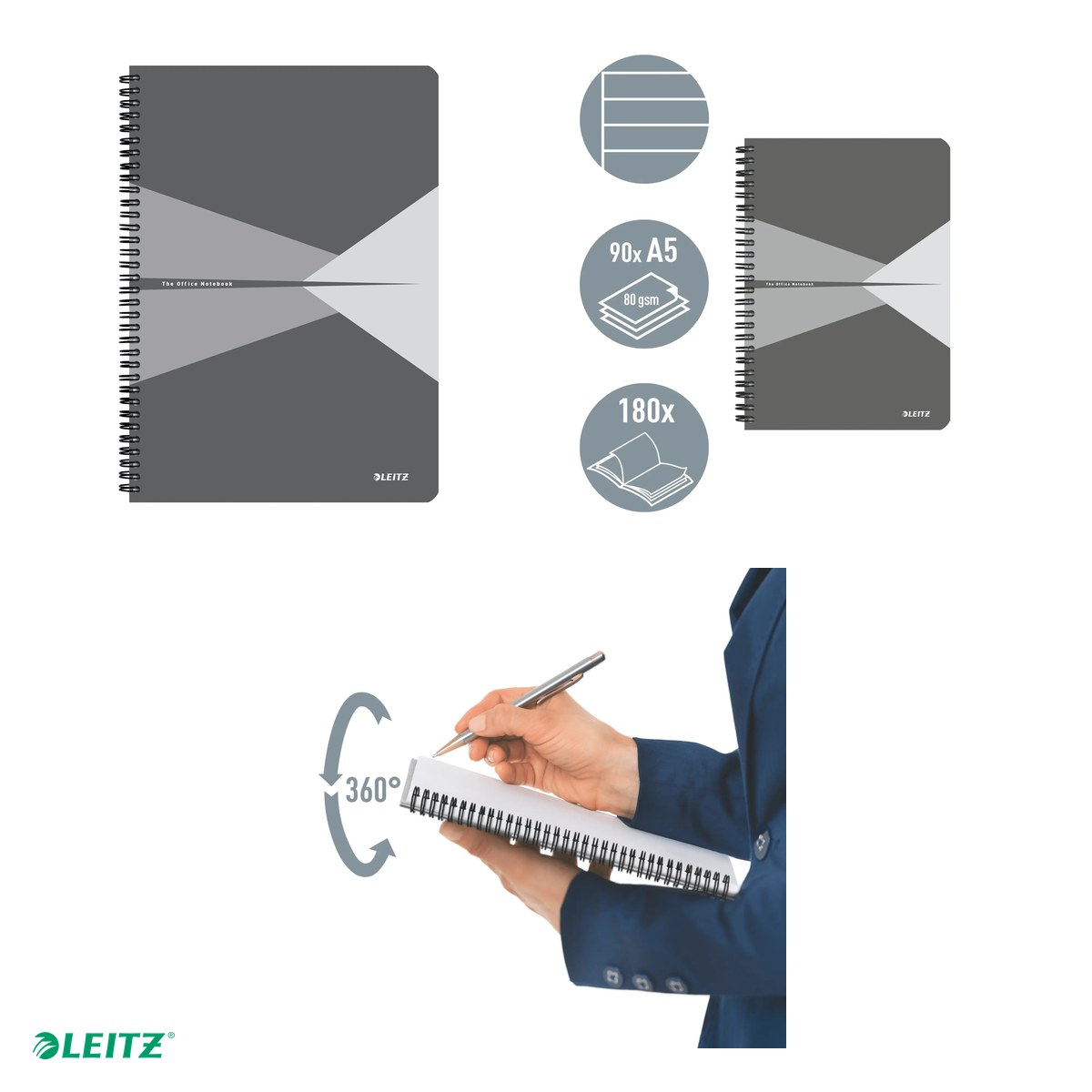 Caiet de birou Leitz Office, PP, A5, 90 coli, cu spira, dictando, pentru documente perforate, hartie 80 g/mp, gri [4]