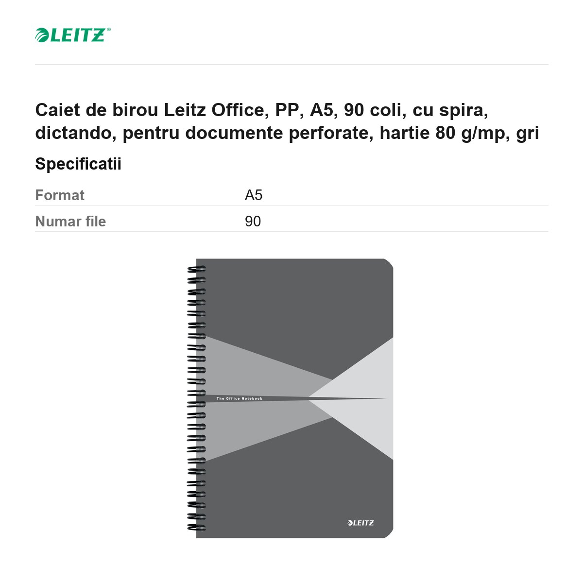 Caiet de birou Leitz Office, PP, A5, 90 coli, cu spira, dictando, pentru documente perforate, hartie 80 g/mp, gri [3]