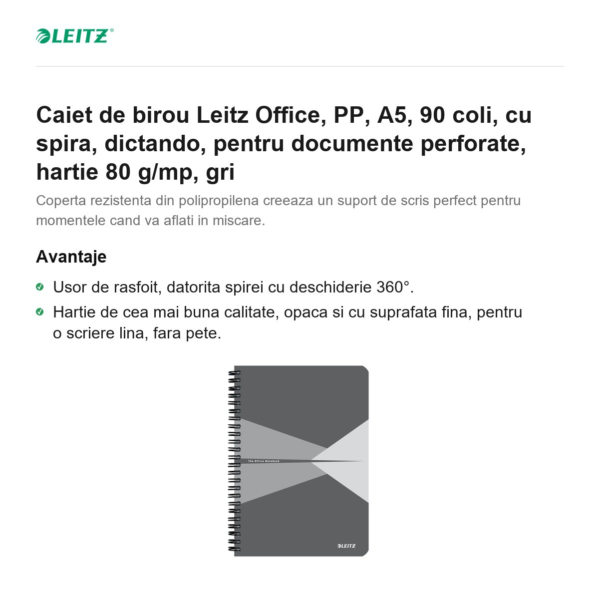 Caiet de birou Leitz Office, PP, A5, 90 coli, cu spira, dictando, pentru documente perforate, hartie 80 g/mp, gri [2]