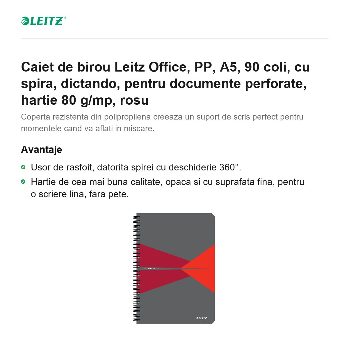 Caiet de birou Leitz Office, PP, A5, 90 coli, cu spira, dictando, pentru documente perforate, hartie 80 g/mp, rosu [2]