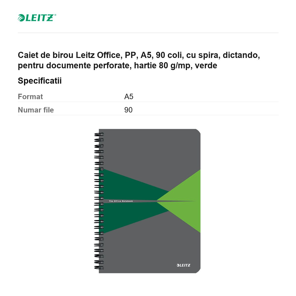 Caiet de birou Leitz Office, PP, A5, 90 coli, cu spira, dictando, pentru documente perforate, hartie 80 g/mp, verde [3]