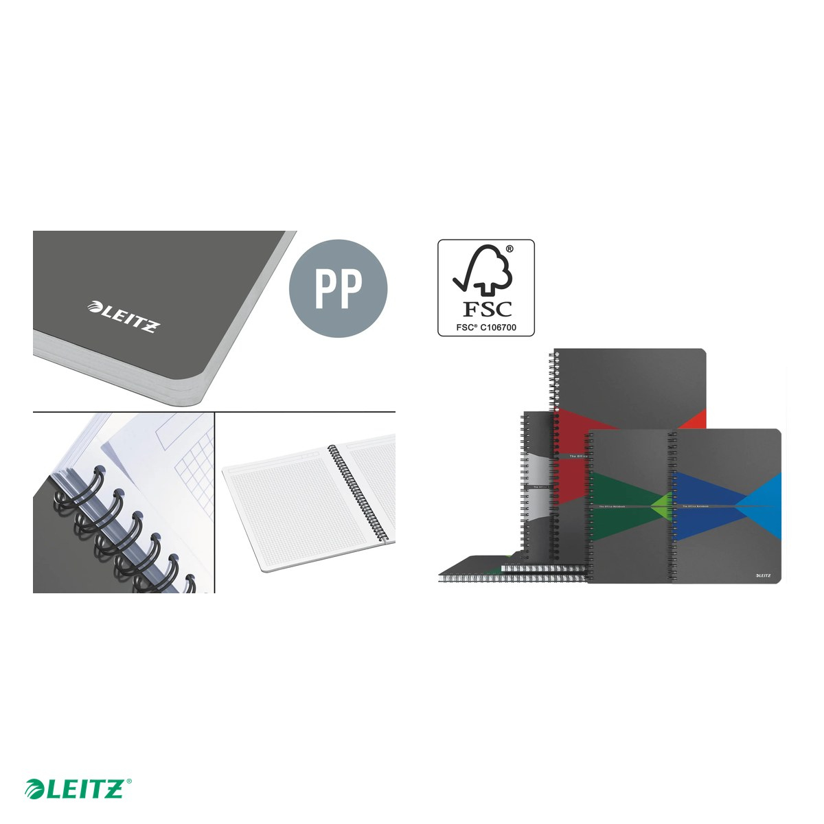 Caiet de birou Leitz Office, PP, A5, 90 coli, cu spira, dictando, pentru documente perforate, hartie 80 g/mp, verde [5]