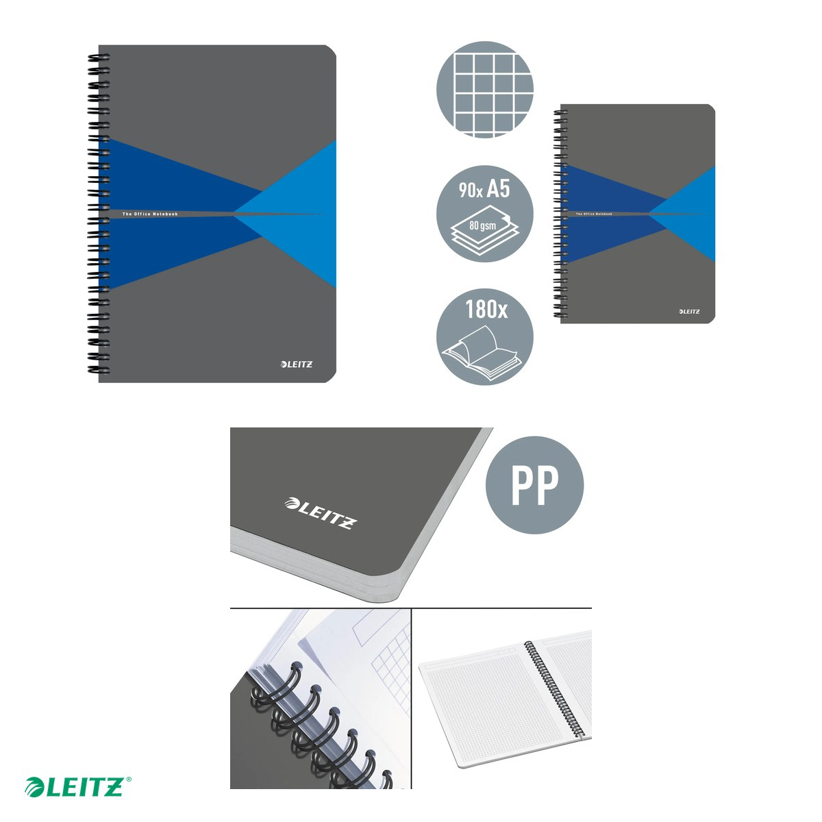 Caiet de birou Leitz Office, PP, A5, 90 coli, cu spira, matematica, pentru documente perforate, hartie 80 g/mp, albastru [4]