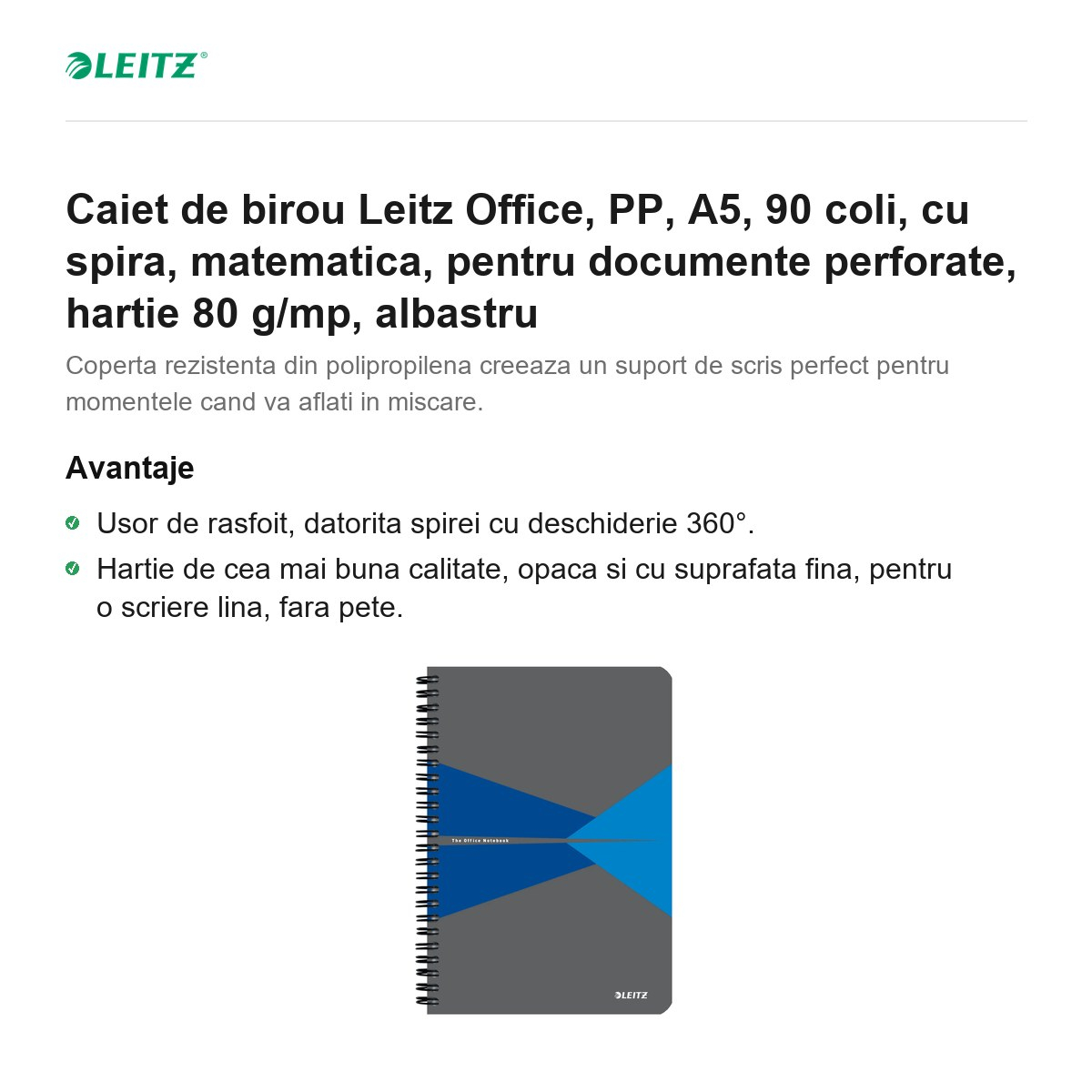Caiet de birou Leitz Office, PP, A5, 90 coli, cu spira, matematica, pentru documente perforate, hartie 80 g/mp, albastru [2]