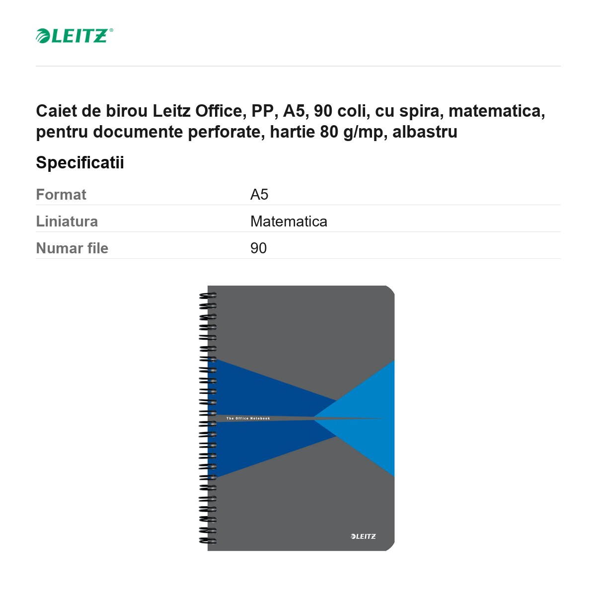 Caiet de birou Leitz Office, PP, A5, 90 coli, cu spira, matematica, pentru documente perforate, hartie 80 g/mp, albastru [3]