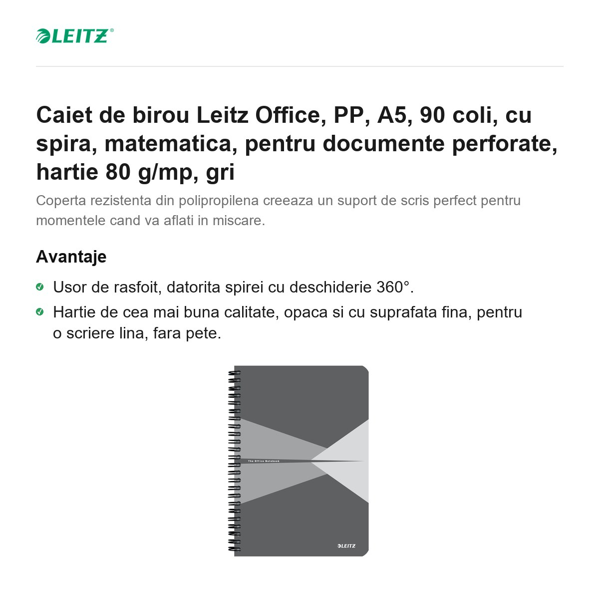 Caiet de birou Leitz Office, PP, A5, 90 coli, cu spira, matematica, pentru documente perforate, hartie 80 g/mp, gri [2]