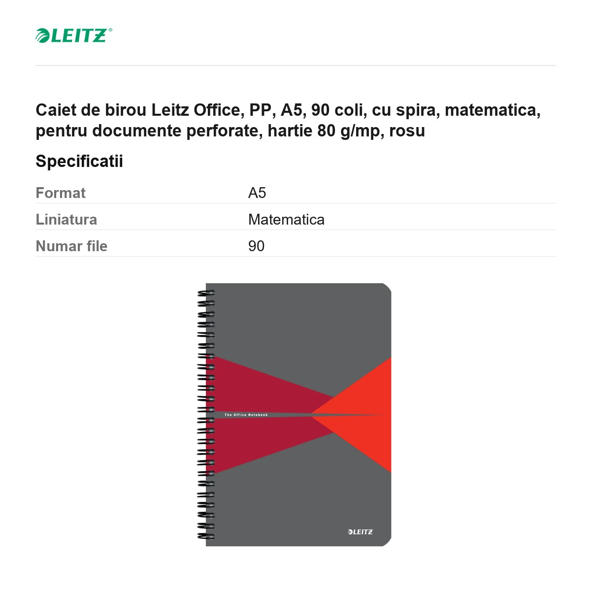 Caiet de birou Leitz Office, PP, A5, 90 coli, cu spira, matematica, pentru documente perforate, hartie 80 g/mp, rosu [3]
