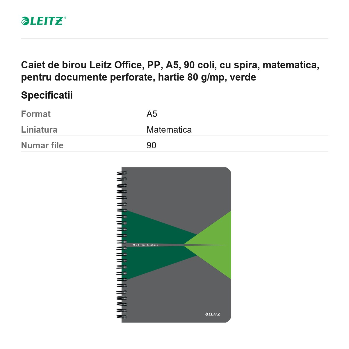 Caiet de birou Leitz Office, PP, A5, 90 coli, cu spira, matematica, pentru documente perforate, hartie 80 g/mp, verde [3]