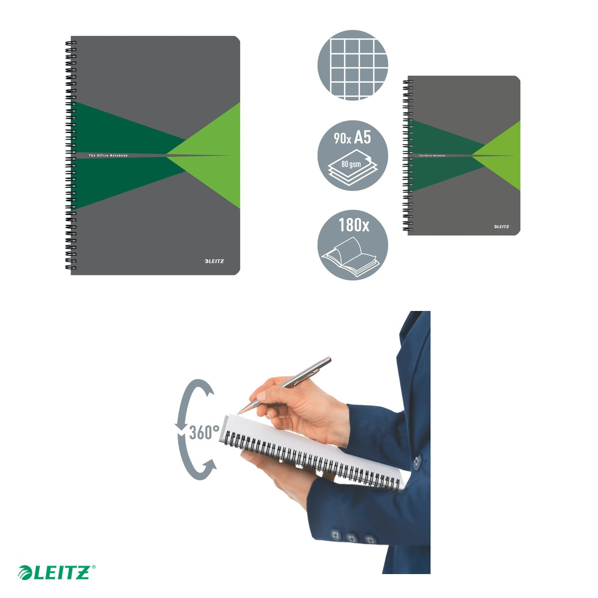 Caiet de birou Leitz Office, PP, A5, 90 coli, cu spira, matematica, pentru documente perforate, hartie 80 g/mp, verde [4]