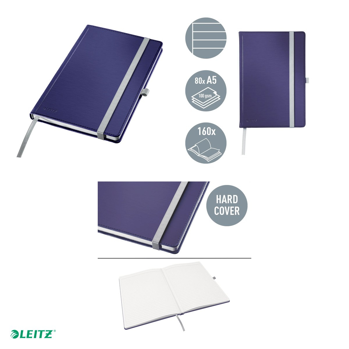 Caiet de birou Leitz Style, coperta dura, A5, 80 coli, dictando, pentru documente perforate, 8 file perforate, hartie 100 g/mp, albastru-violet [4]