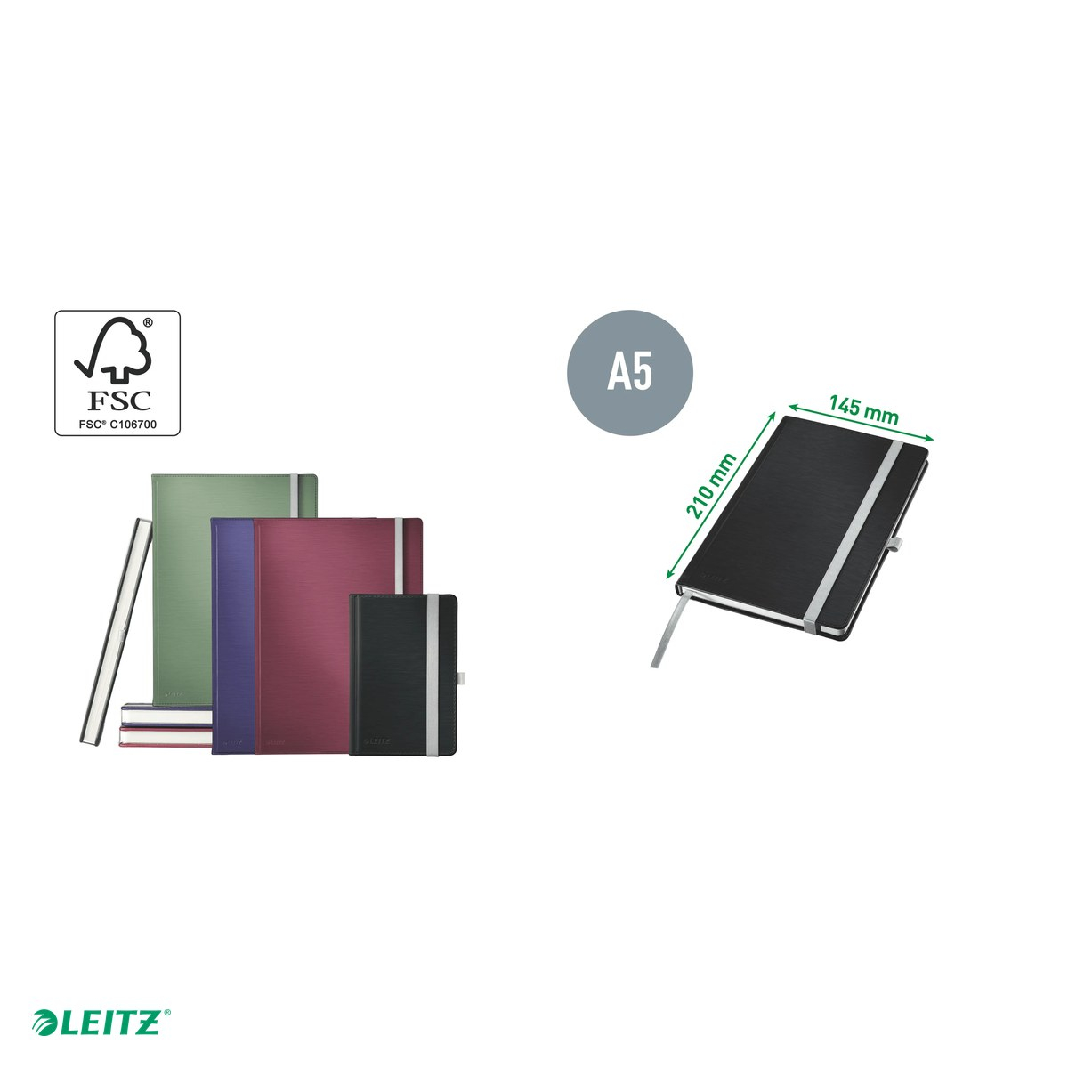 Caiet de birou Leitz Style, coperta dura, A5, 80 coli, dictando, pentru documente perforate, 8 file perforate, hartie 100 g/mp, albastru-violet [5]