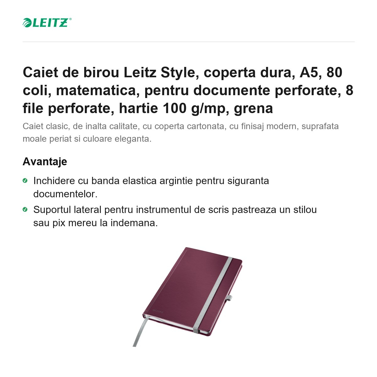 Caiet de birou Leitz Style, coperta dura, A5, 80 coli, matematica, pentru documente perforate, 8 file perforate, hartie 100 g/mp, grena [2]