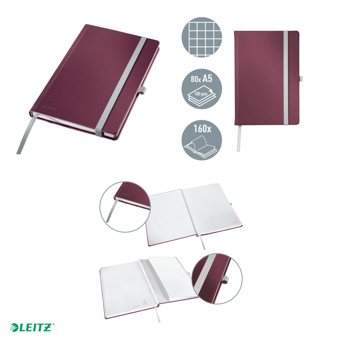Caiet de birou Leitz Style, coperta dura, A5, 80 coli, matematica, pentru documente perforate, 8 file perforate, hartie 100 g/mp, grena [4]