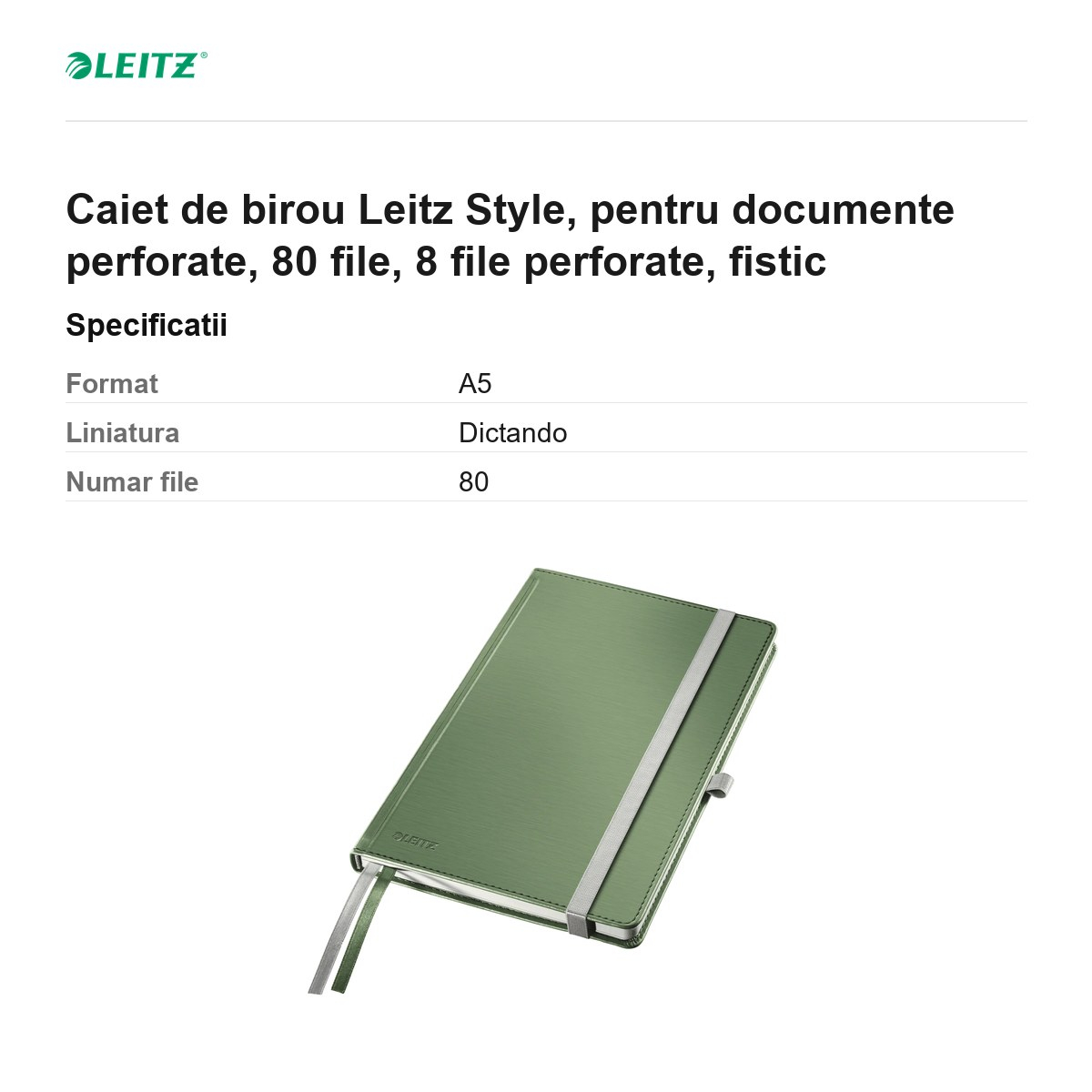 Caiet de birou Leitz Style, pentru documente perforate, 80 file, 8 file perforate, fistic [3]