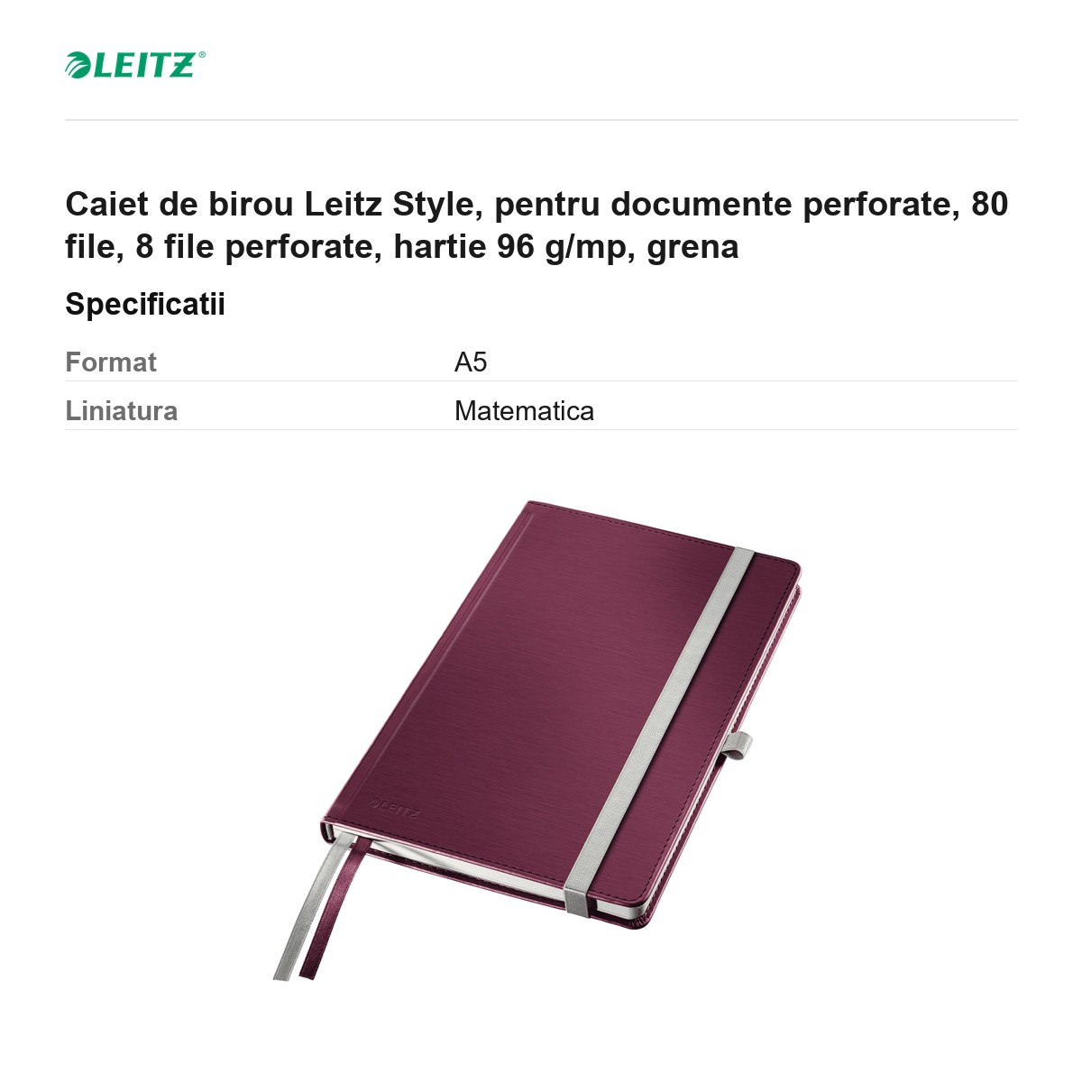 Caiet de birou Leitz Style, pentru documente perforate, 80 file, 8 file perforate, hartie 96 g/mp, grena [3]