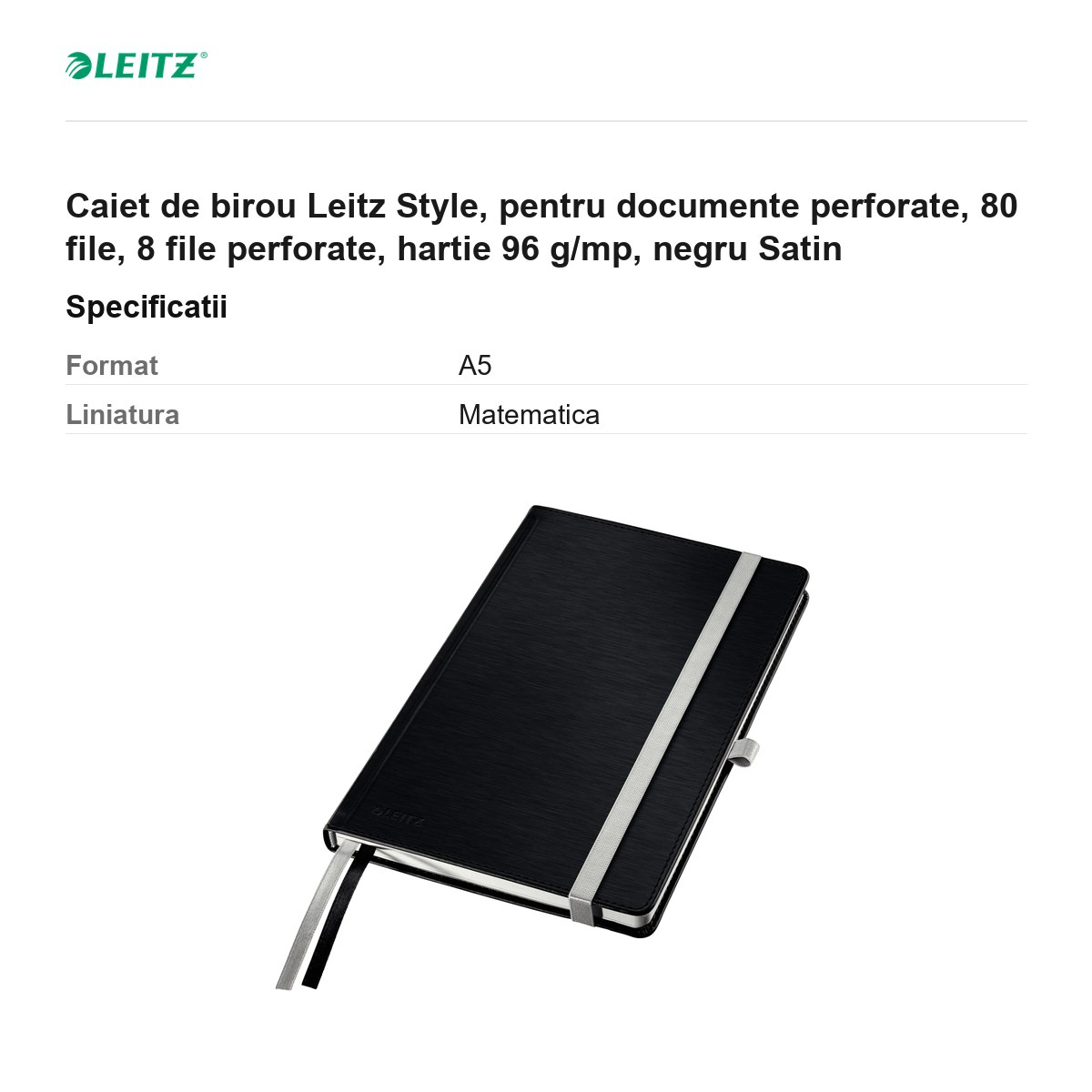 Caiet de birou Leitz Style, pentru documente perforate, 80 file, 8 file perforate, hartie 96 g/mp, negru Satin [3]