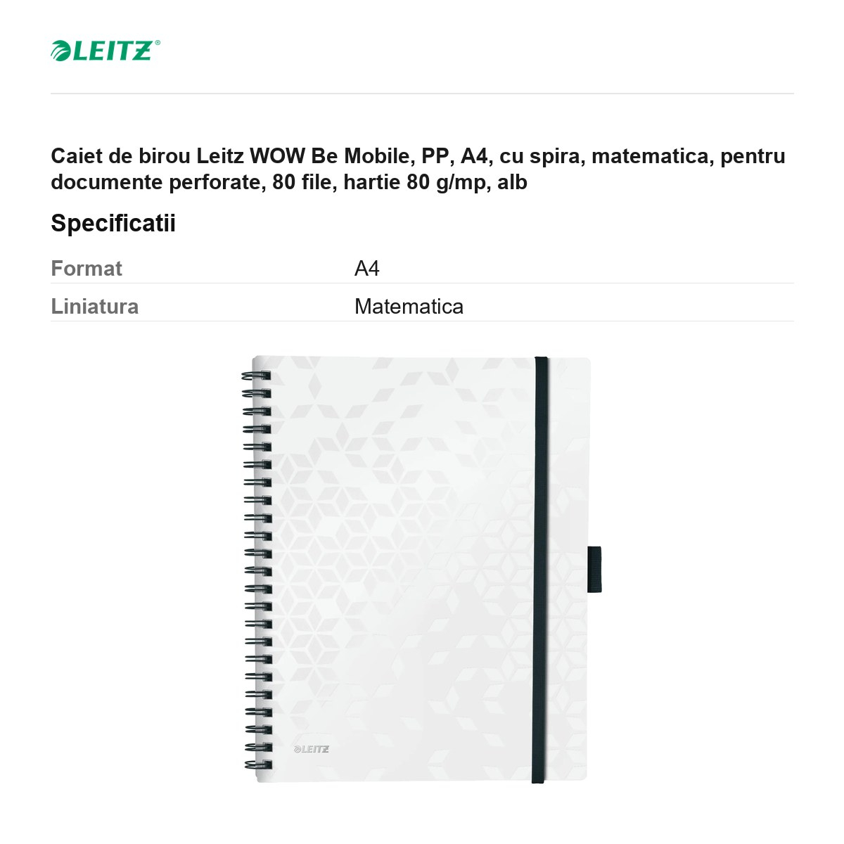 Caiet de birou Leitz WOW Be Mobile, PP, A4, cu spira, matematica, pentru documente perforate, 80 file, hartie 80 g/mp, alb [3]