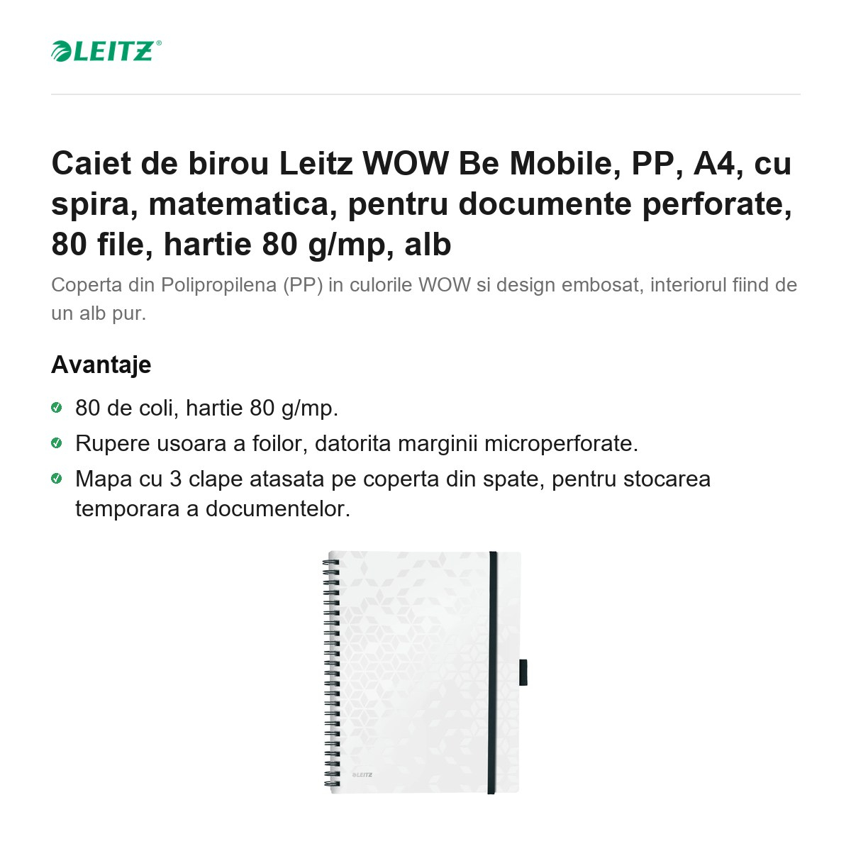 Caiet de birou Leitz WOW Be Mobile, PP, A4, cu spira, matematica, pentru documente perforate, 80 file, hartie 80 g/mp, alb [2]