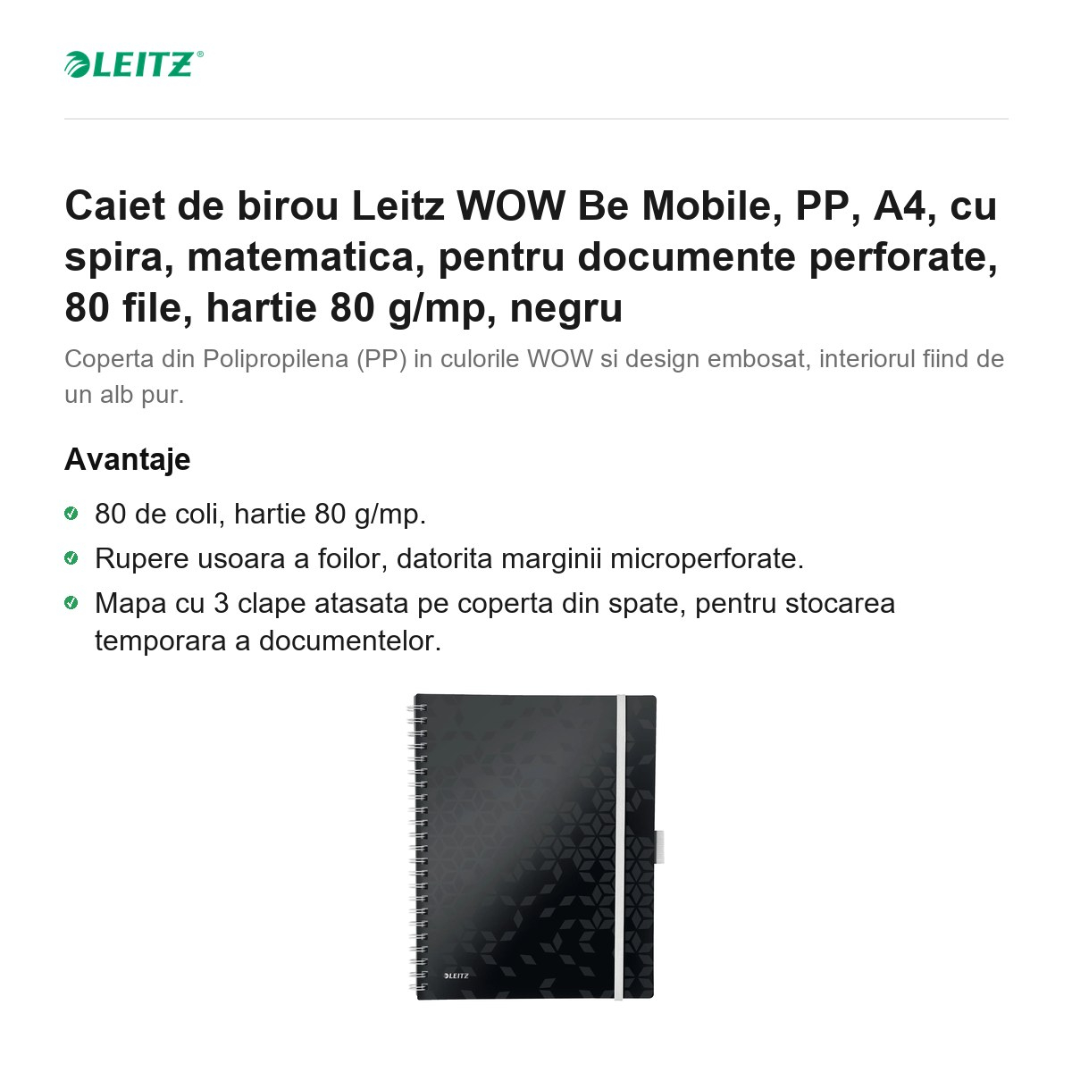 Caiet de birou Leitz WOW Be Mobile, PP, A4, cu spira, matematica, pentru documente perforate, 80 file, hartie 80 g/mp, negru [2]