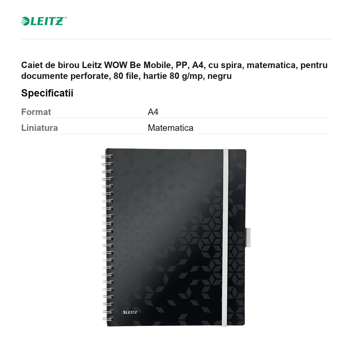 Caiet de birou Leitz WOW Be Mobile, PP, A4, cu spira, matematica, pentru documente perforate, 80 file, hartie 80 g/mp, negru [3]