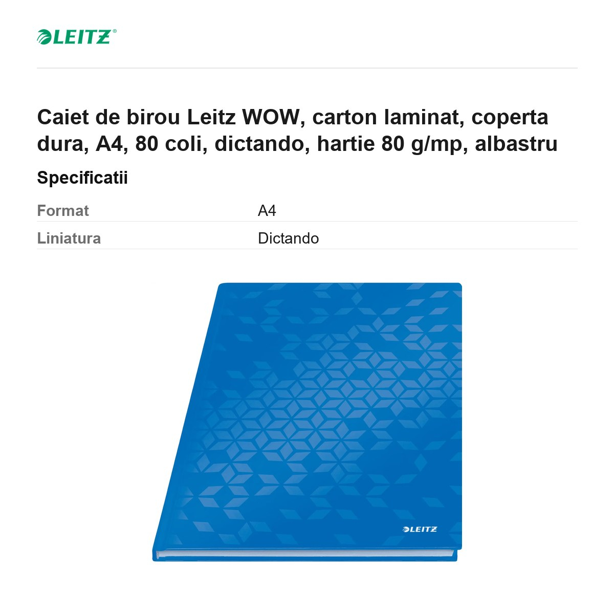 Caiet de birou Leitz WOW, carton laminat, coperta dura, A4, 80 coli, dictando, hartie 80 g/mp, albastru [3]