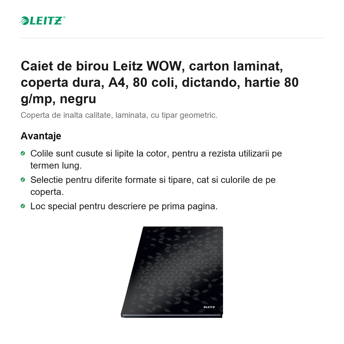 Caiet de birou Leitz WOW, carton laminat, coperta dura, A4, 80 coli, dictando, hartie 80 g/mp, negru [2]